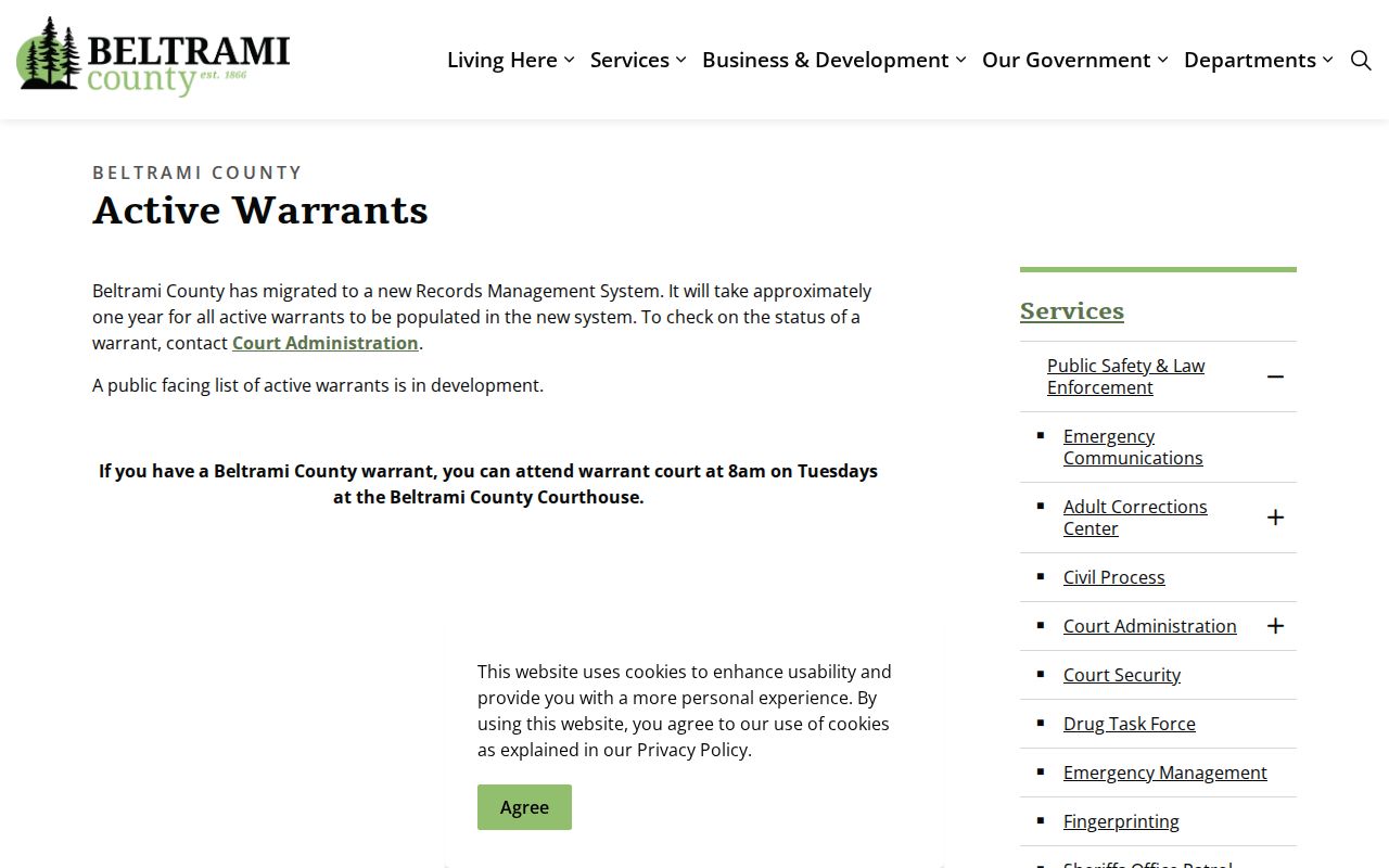 Beltrami County official active-warrant status notice and records-system update