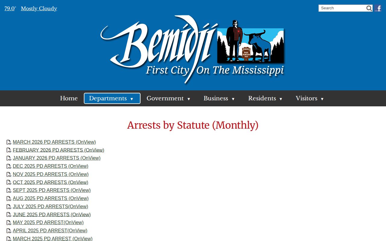 Bemidji Police monthly arrest statistics page for arrest records